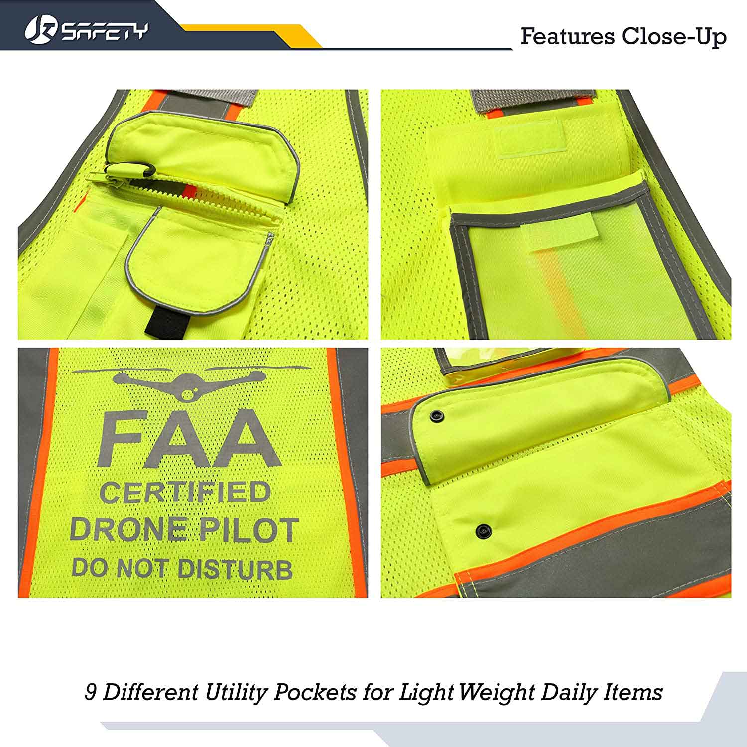 JKSafety 9 Pockets Mesh Two-Tone Hi-Vis Reflective Safety Vest, FAA Drone  Pilot (JK100-FAA)