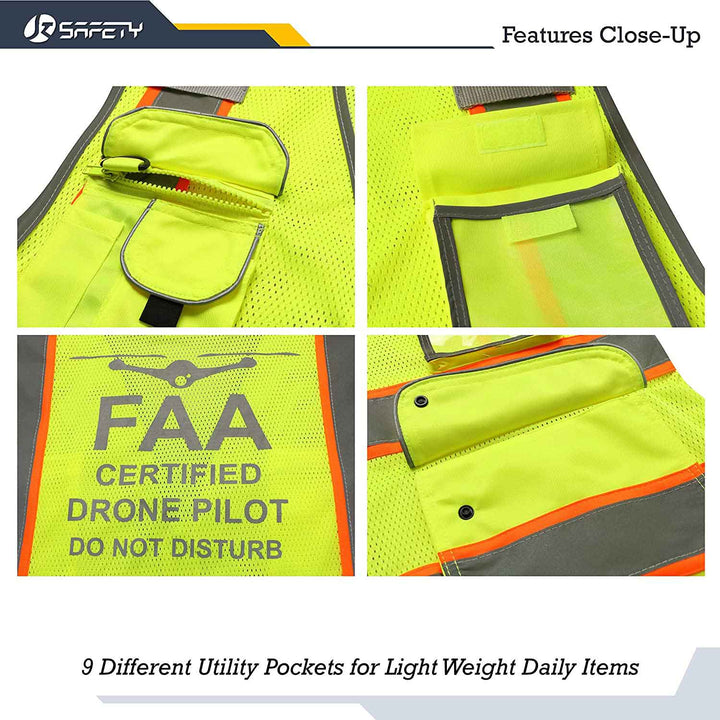 JKSafety Chaleco de seguridad reflectante de alta visibilidad de dos tonos de malla con 9 bolsillos, FAA Drone Pilot (JK100-FAA)