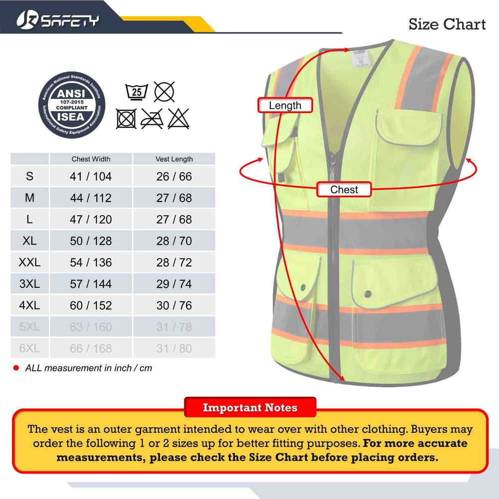 JKSafety Women Hi-Vis Reflective Safety Vest, 9 Pockets, Yellow / XX-Large