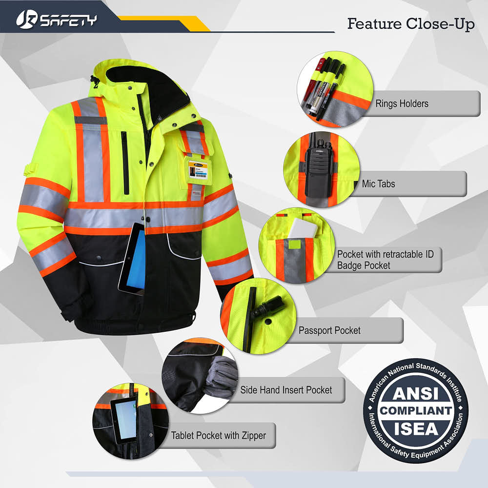 JKSafety Hi-Vis Reflective Winter Safety Jacket, 10 Pockets