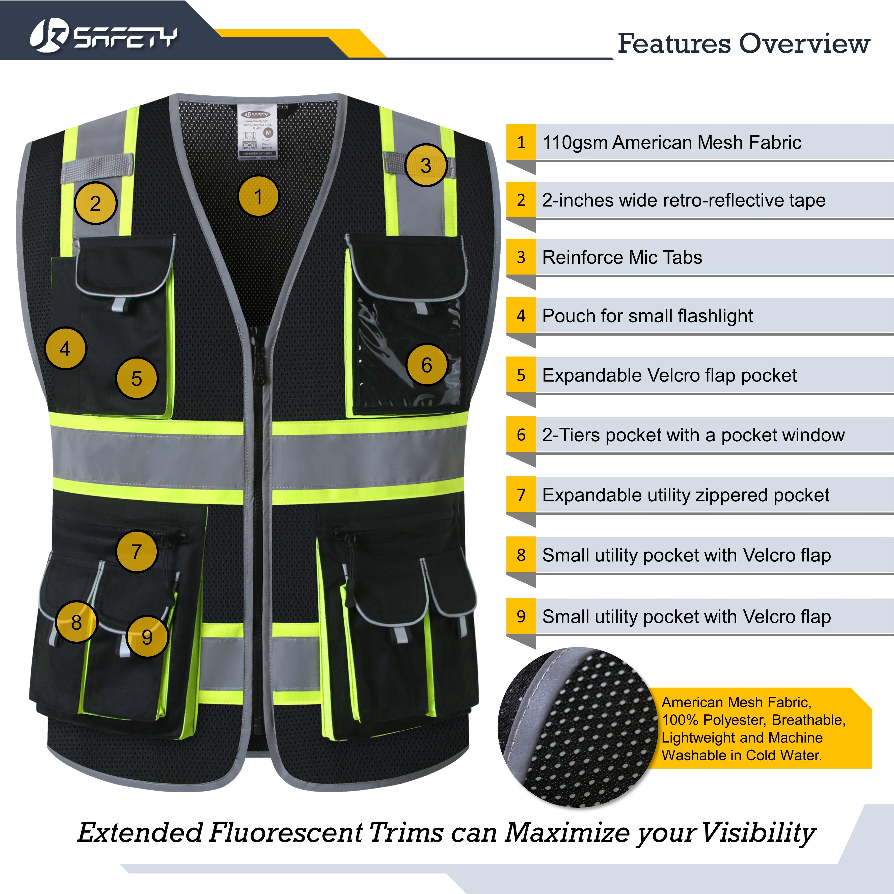 JKSafety 2-Pack Mesh Hi-Vis Reflective Safety Vest, 10 Pockets, Two-Tone