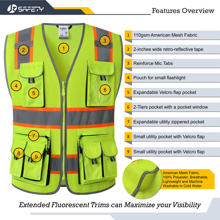 JKSafety 10 Pockets 2-Pack Hi-Vis Reflective Safety Vest Mesh Fabric (JK087)